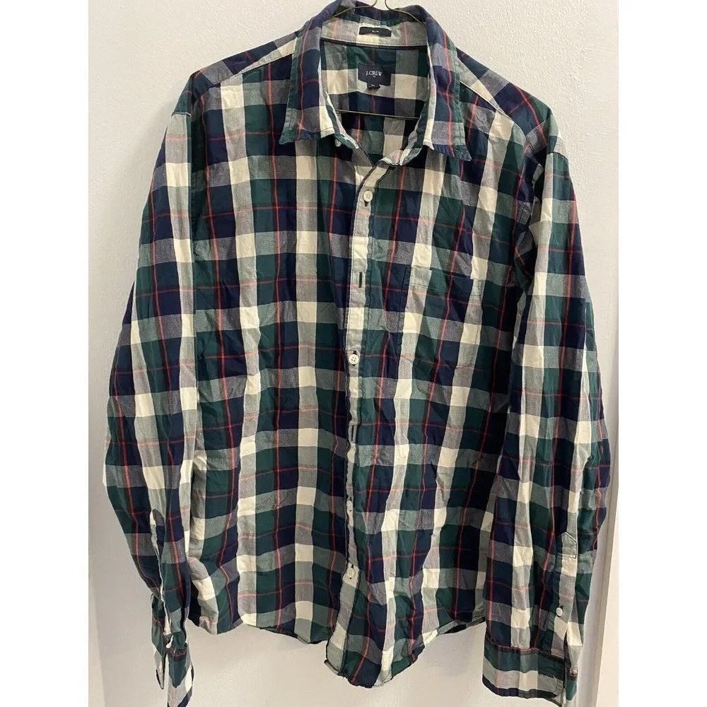 J CREW PLAID BUTTON DOWN FRONT POCKET - SLIM FIT - MENS - SIZE XL